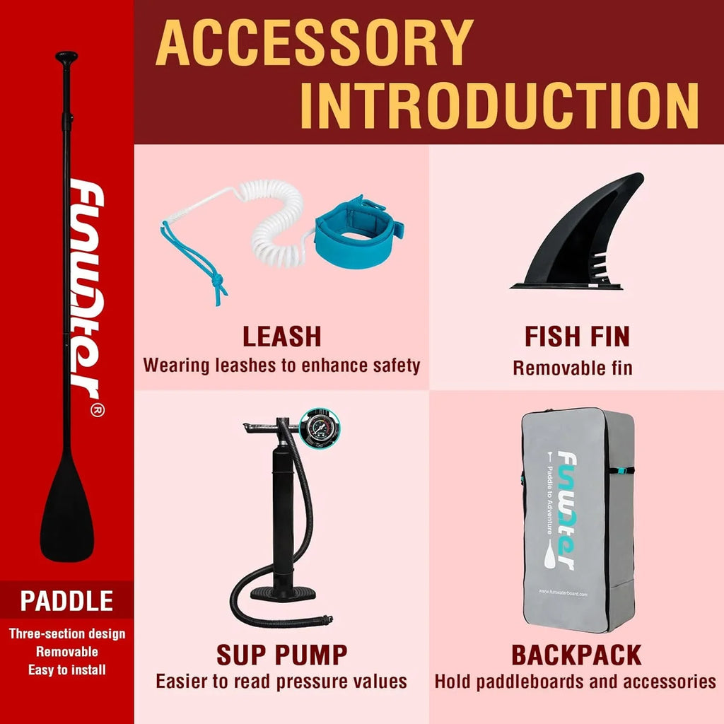 Planche de stand up paddle gonflable FunWater avec accessoires de pagaie SUP haut de gamme, pont EVA antidérapant, pagaie 11'/10'6'