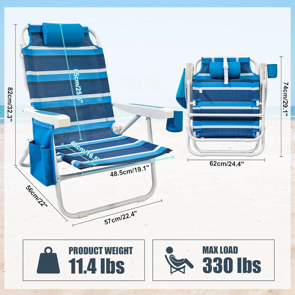 Lot de 2 chaises de plage pliantes à 5 positions avec sangles de sac à dos, sac isotherme et porte-gobelet