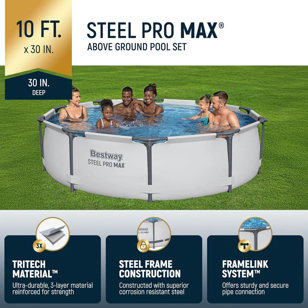 Kit de piscine hors sol extérieure à cadre métallique rond Steel Pro MAX 10' x 30'