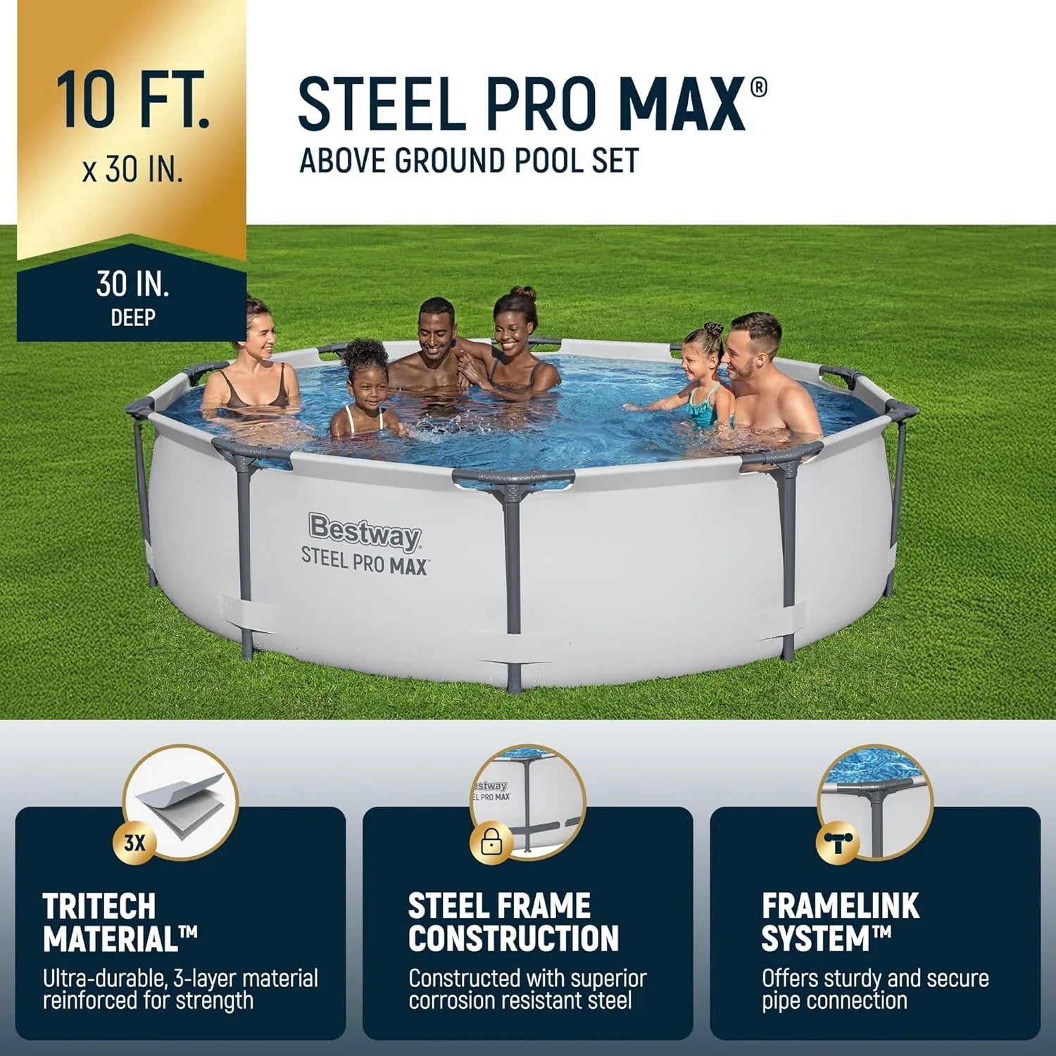 Kit de piscine hors sol extérieure à cadre métallique rond Steel Pro MAX 10' x 30'
