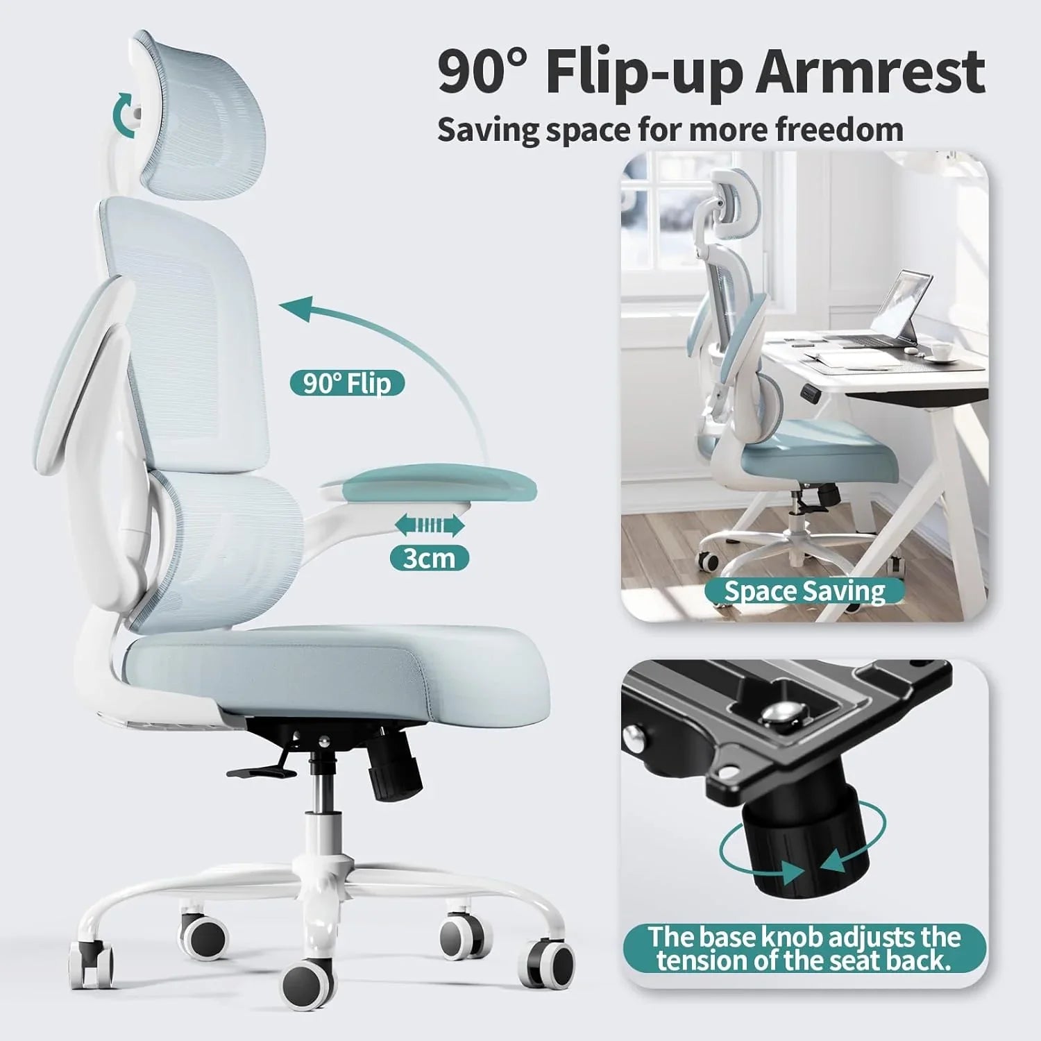 Chaise de bureau ergonomique, chaise de bureau en maille avec roulettes, capacité de charge de 150 kg, chaise de jeu confortable, dossier haut