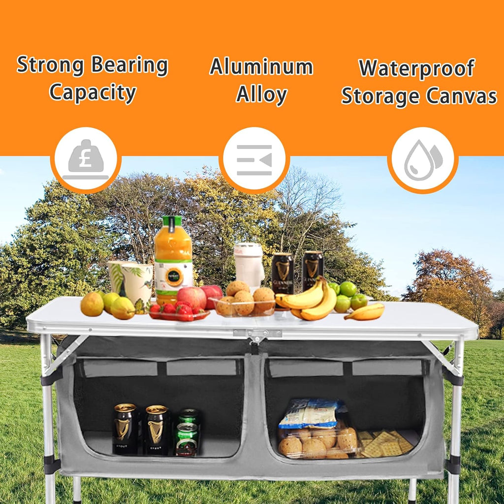 Table pliante d'extérieur en aluminium, légère, réglable en hauteur, avec rangement, pour barbecue, fête, camping