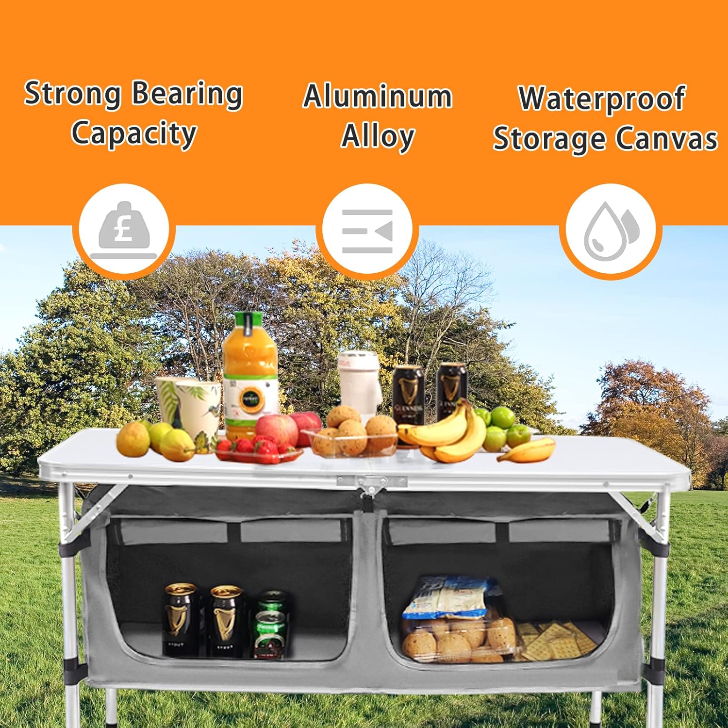 Table pliante d'extérieur en aluminium, légère, réglable en hauteur, avec rangement, pour barbecue, fête, camping