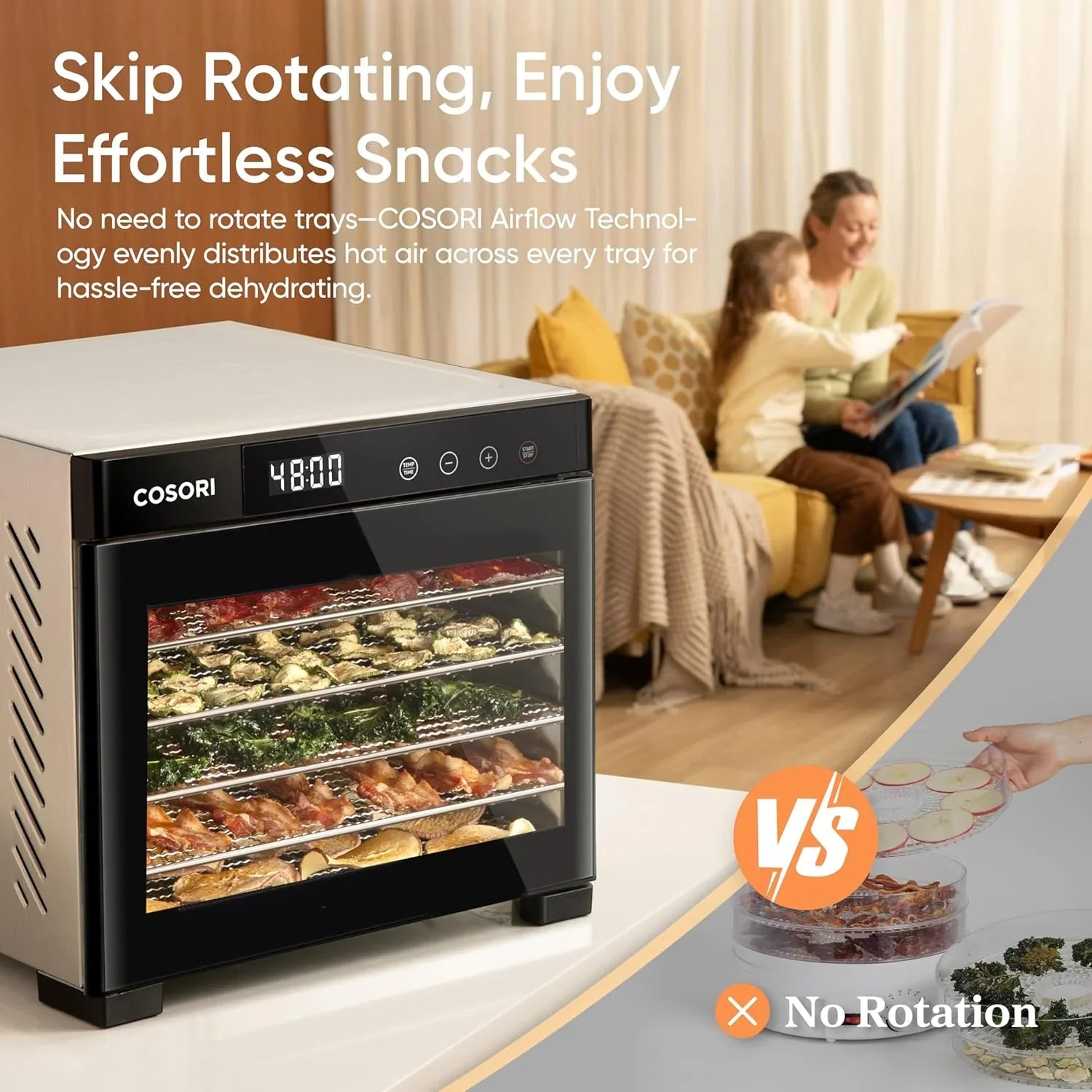 Déshydrateur alimentaire COSORI, plus grand que 7 plateaux avec un grand espace de séchage de 6,5 pouces, puissance de 600 W, gain de temps supérieur à 480 W, déshydrateur à 74 °C