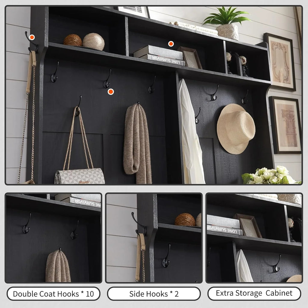 JXQTLINGMU Arbre de foyer de ferme de 59 pouces avec rangement pour chaussures, banc d'entrée, porte-manteau, armoire