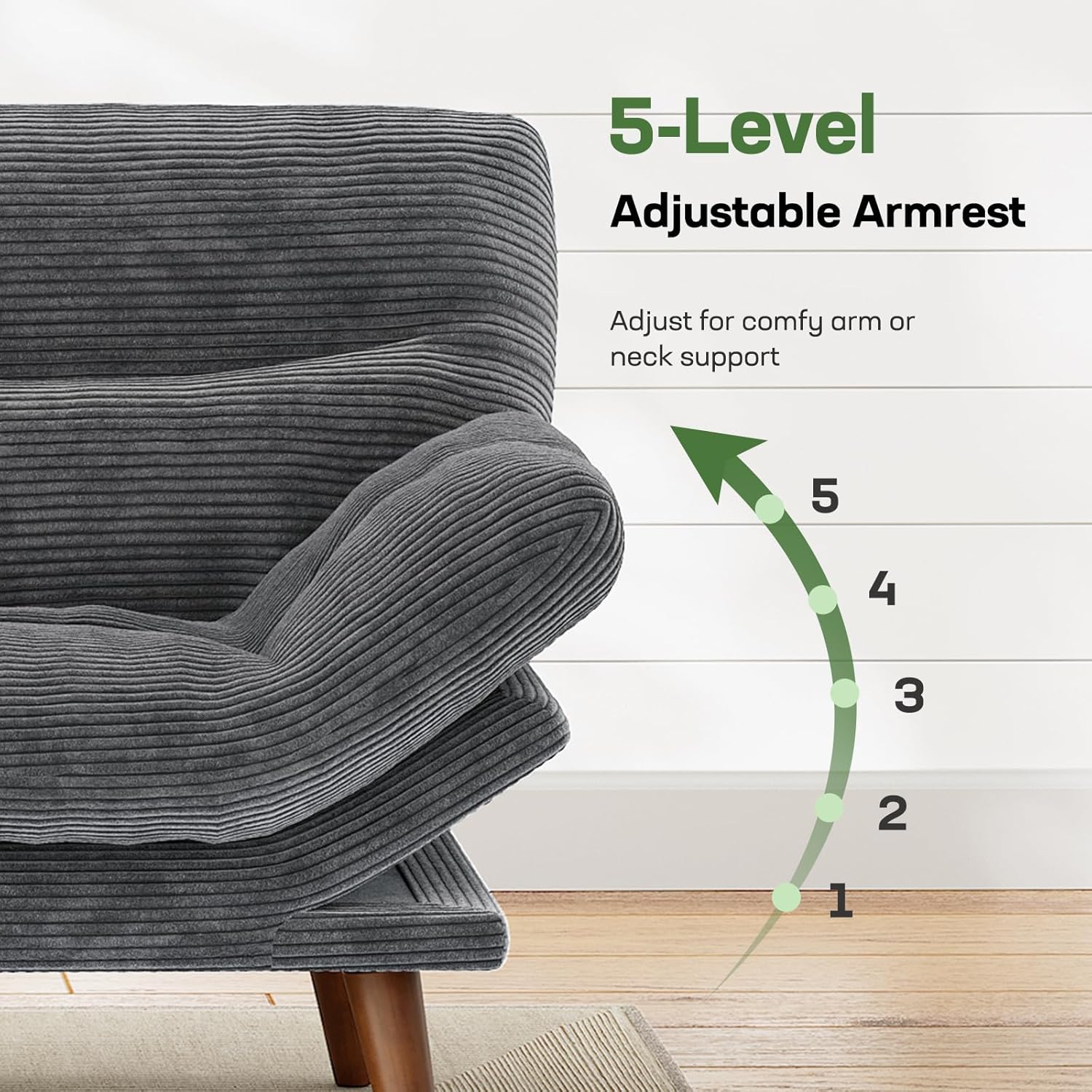 Canapé-lit futon, canapé futon avec dossier et accoudoirs réglables, convertible en petit canapé-lit causeuse en velours côtelé vert