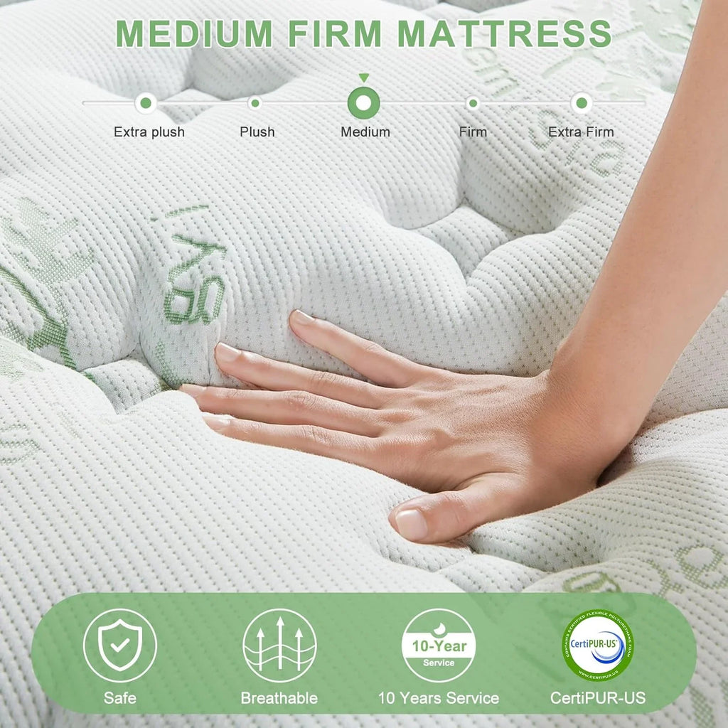 Matelas queen size de 12 pouces, matelas hybride en mousse à mémoire de forme mi-ferme avec ressorts ensachés