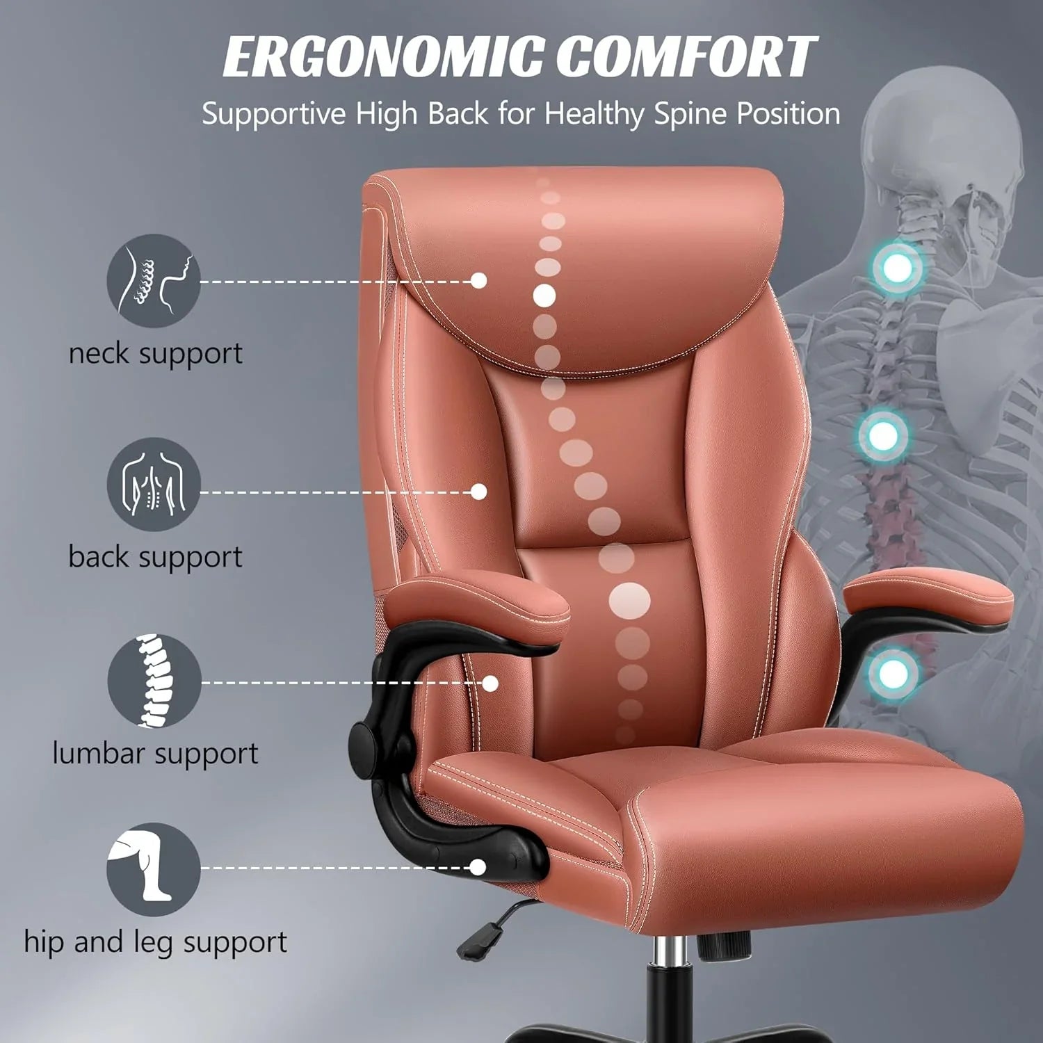 Chaise de bureau pivotante à pieds hauts, en cuir respirant, avec support lombaire