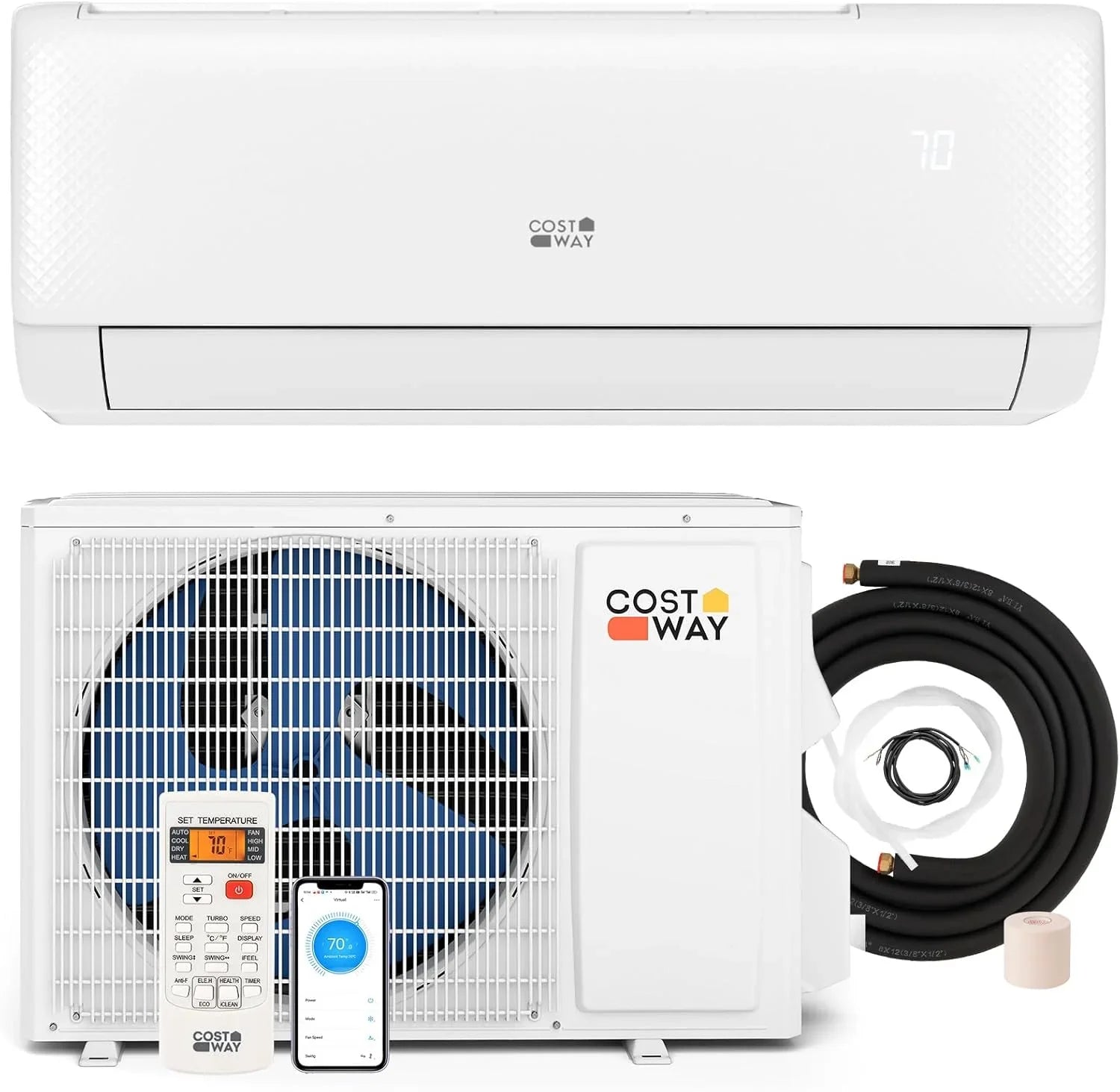 Climatiseur et chauffage mini-split Costway 12 000 BTU, 20 SEER2 115 V, unité de climatisation murale sans conduit, refroidit les pièces jusqu'à 750 pi²