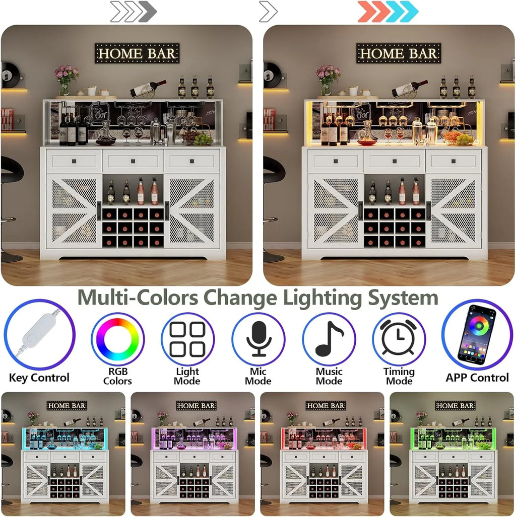 Bar à vin avec éclairage LED, meuble à liqueur avec porte-verres, bar à café pour liqueurs, buffet de rangement avec casiers à vin, armoire à vin