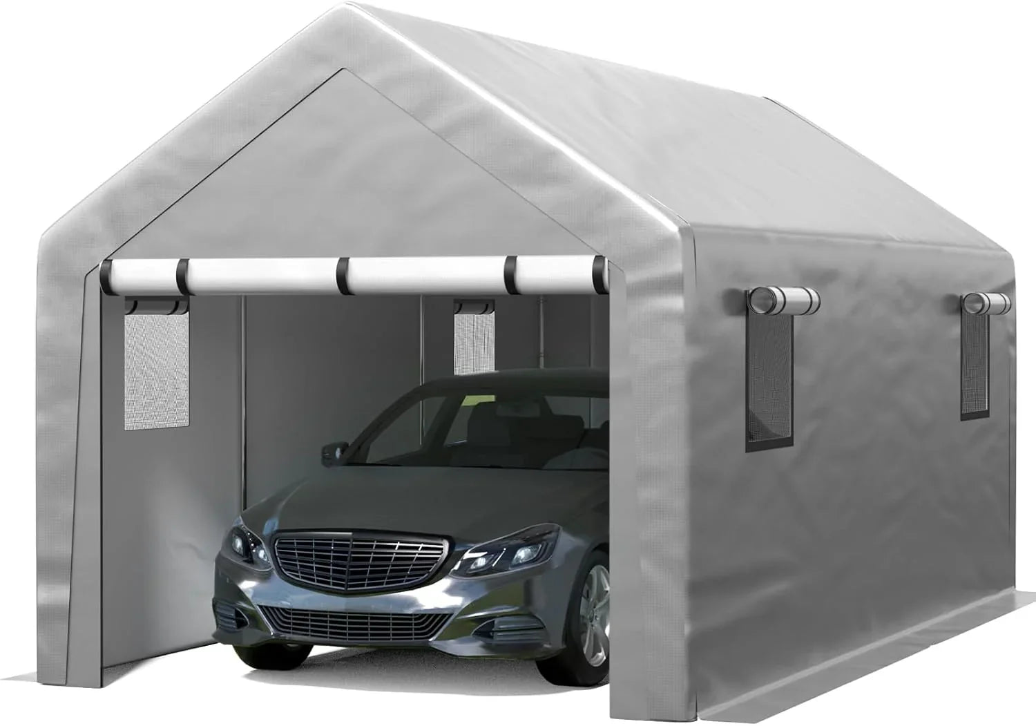 Abri d'auto robuste de 6 x 8 pieds, garage portable avec parois latérales amovibles et porte, bâche quatre saisons