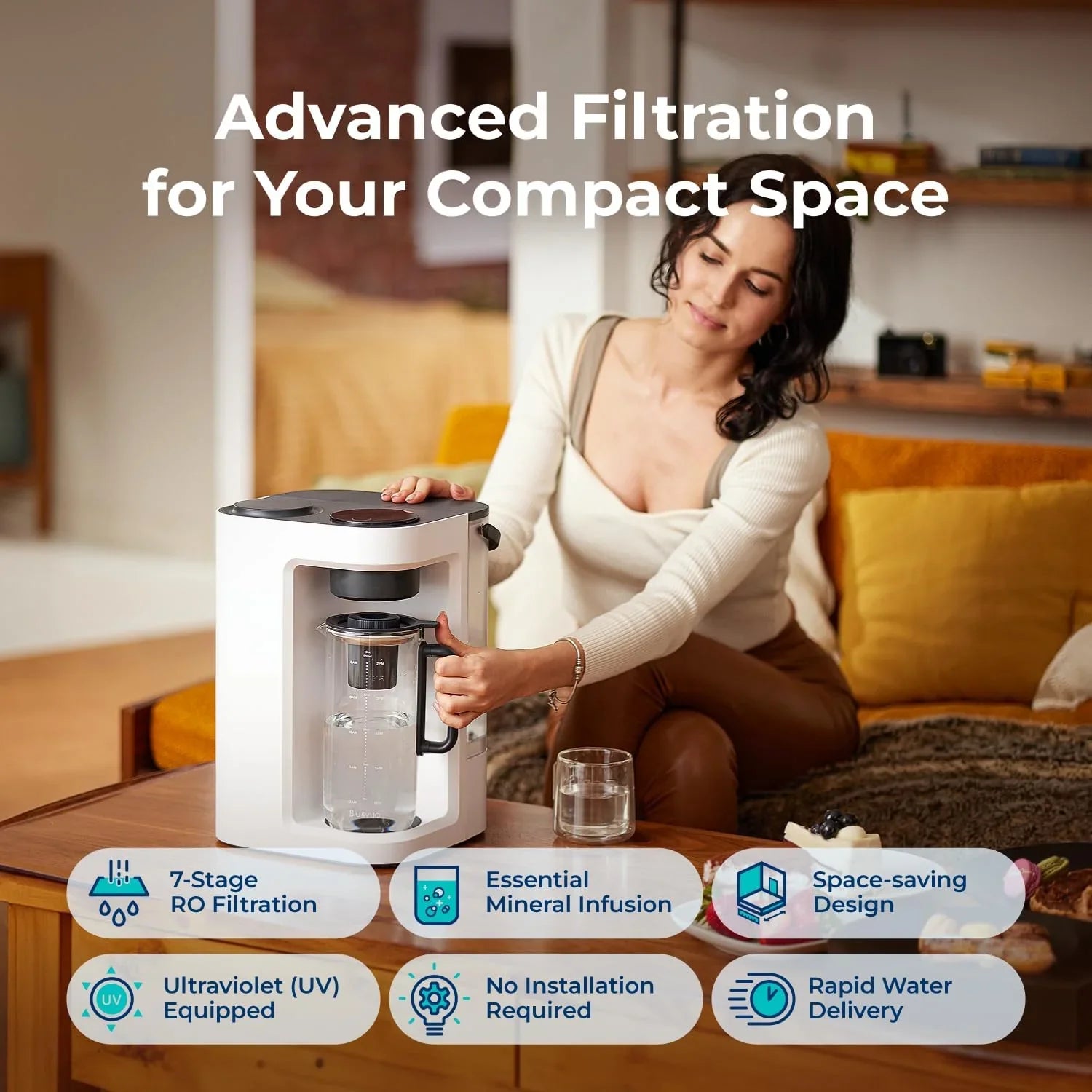 Système d'osmose inverse Bluevua RO100ROPOT-Lite (UV), purificateur d'eau de comptoir, purification en 7 étapes, avec fonctions UV et de reminéralisation, surveillance du TDS et de la durée de vie du filtre