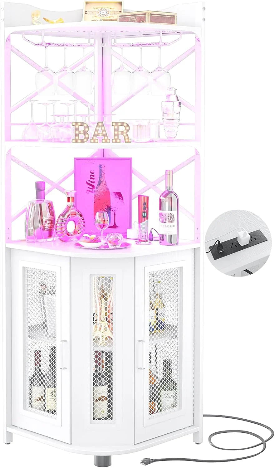 Meuble bar d'angle avec prise de courant, armoire à vin de style industriel avec bande lumineuse LED et support à verres, meuble bar à vin à cinq niveaux pour la maison, vitrine d'angle pour petit espace
