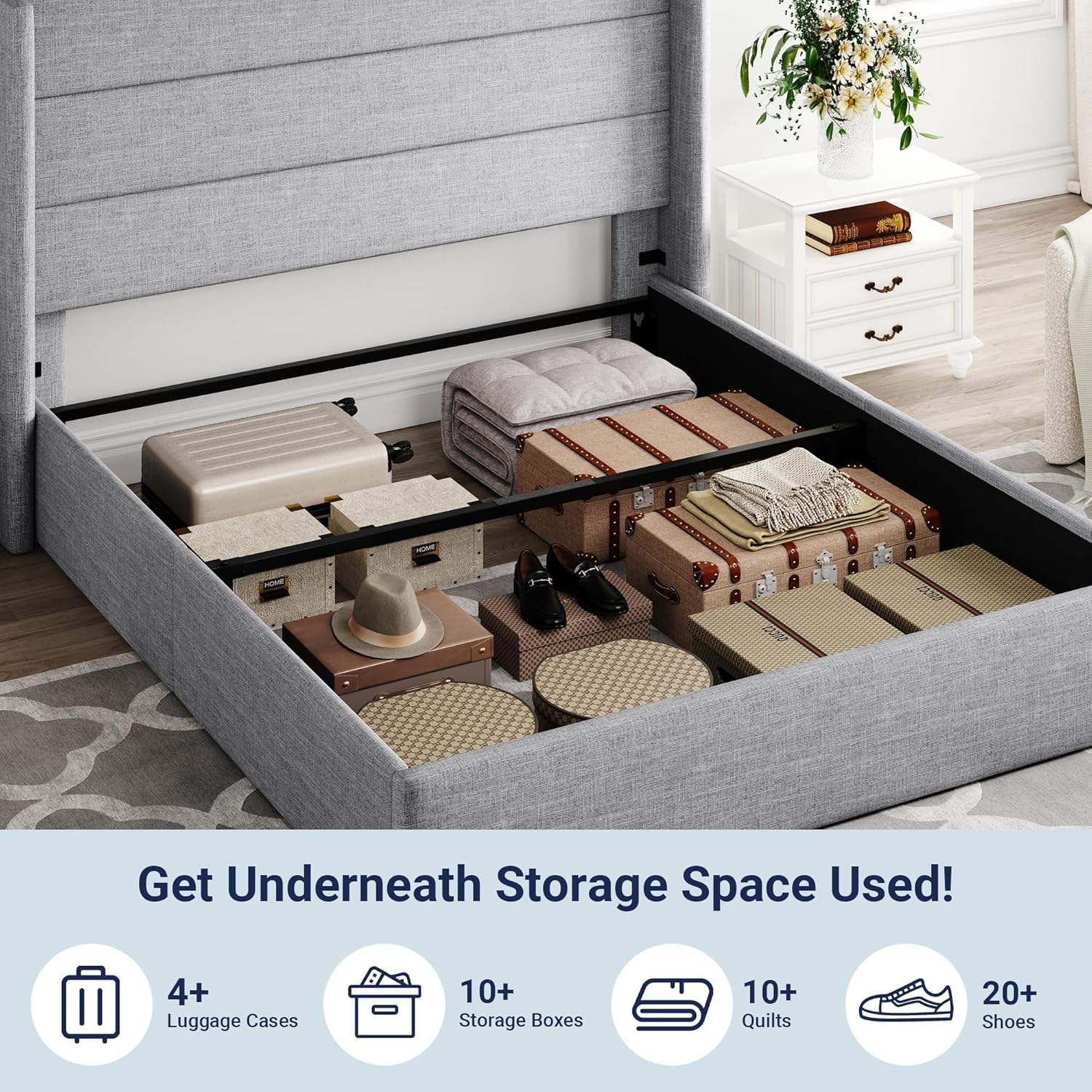 Lit queen-size relevable avec rangement Allewie, tête de lit à oreilles moderne et support hydraulique