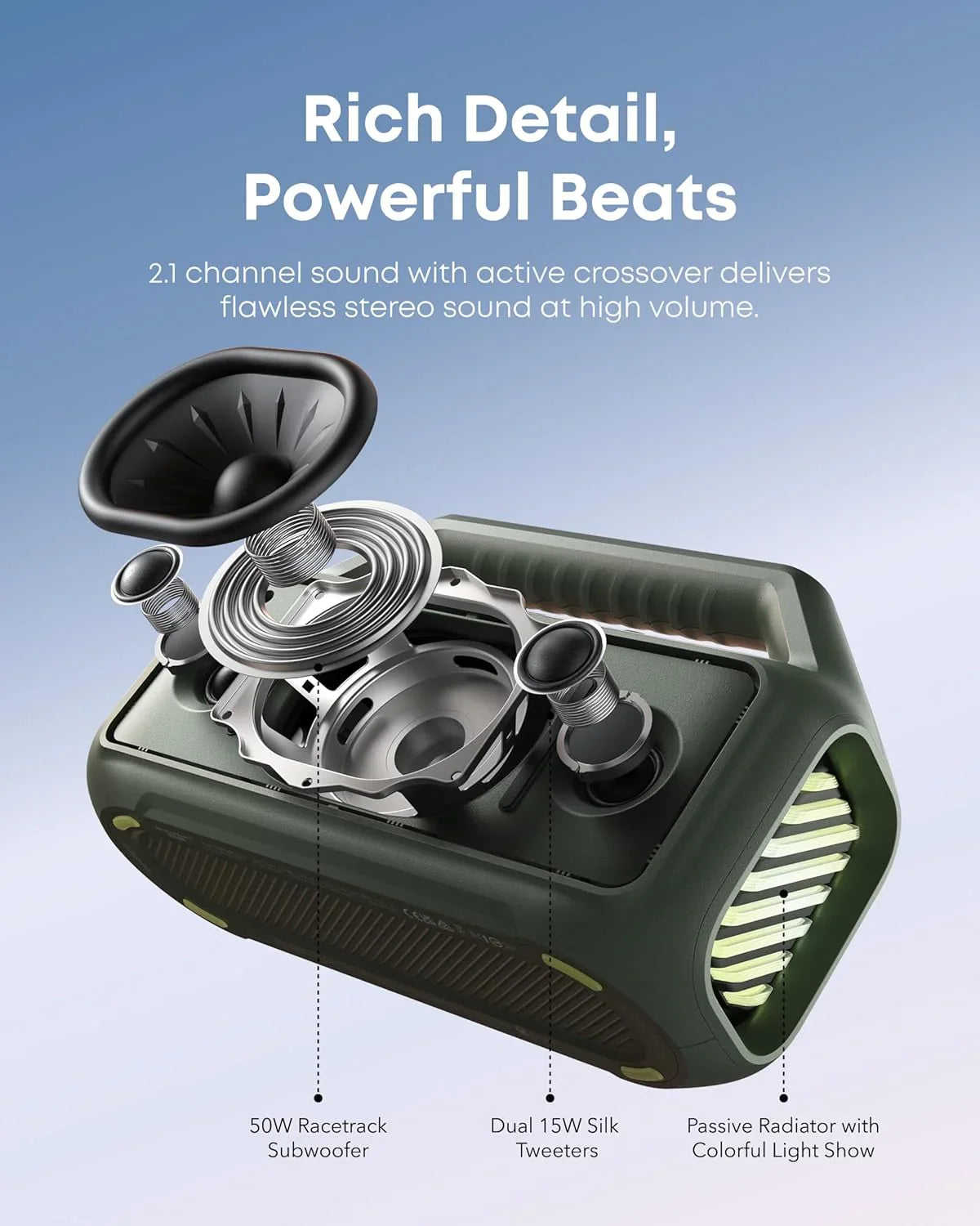 Enceinte d'extérieur, 80 W, caisson de basses, BassUp 2.0, autonomie de 24 heures, étanchéité IPX7, flotte, lumières RVB, USB-C