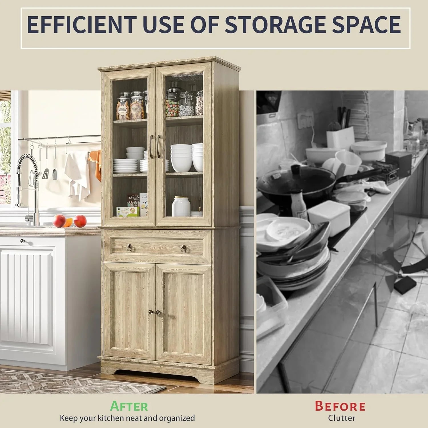 Armoire de garde-manger de 180 cm de haut avec portes vitrées