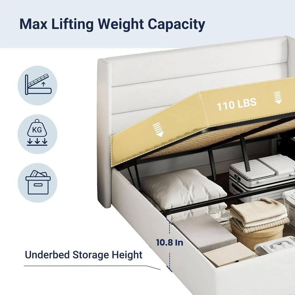 Lit queen-size relevable avec rangement Allewie, tête de lit à oreilles moderne et support hydraulique