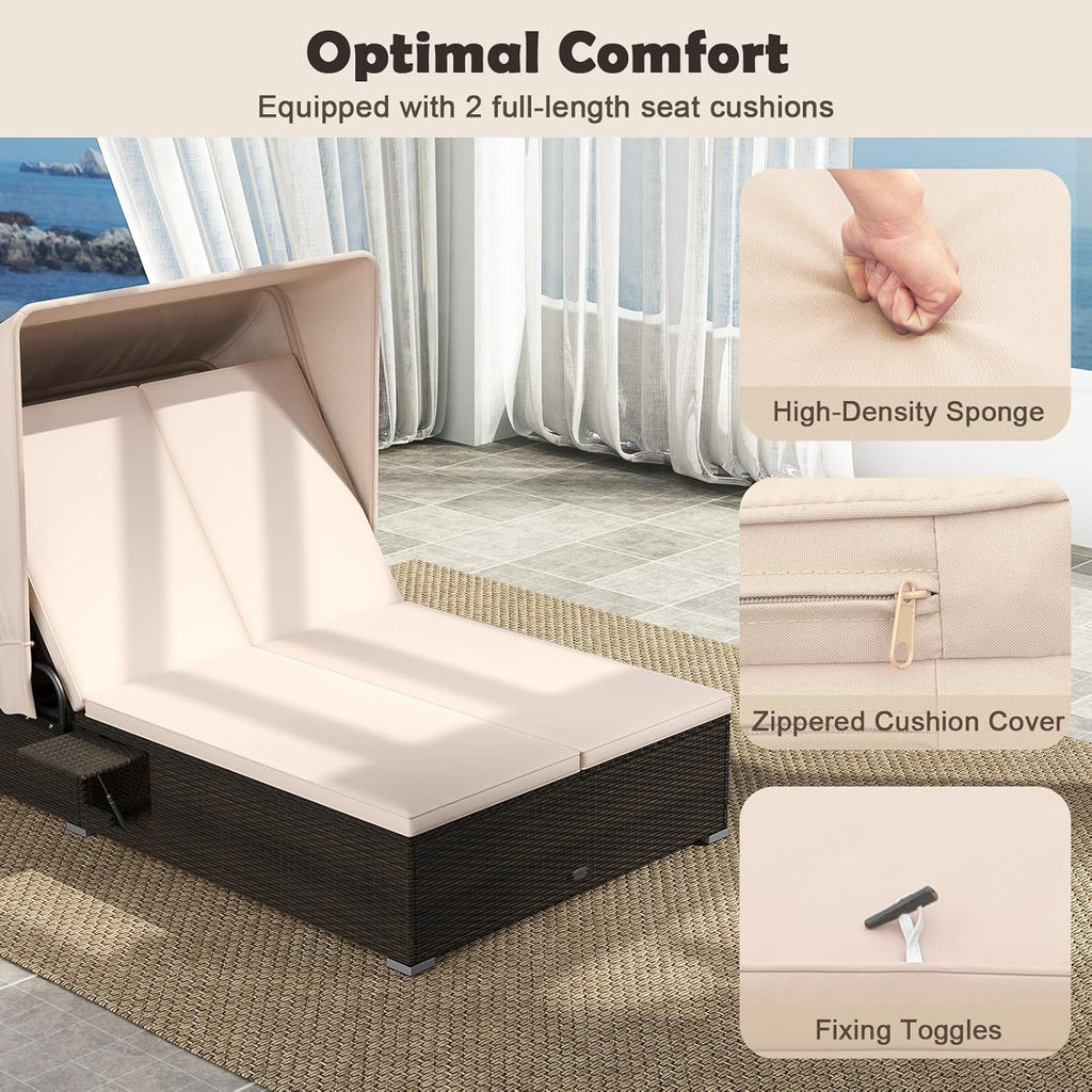 Lit de repos d'extérieur RELAX4LIFE avec auvent rétractable - Chaise longue double en osier avec dossier à 6 positions