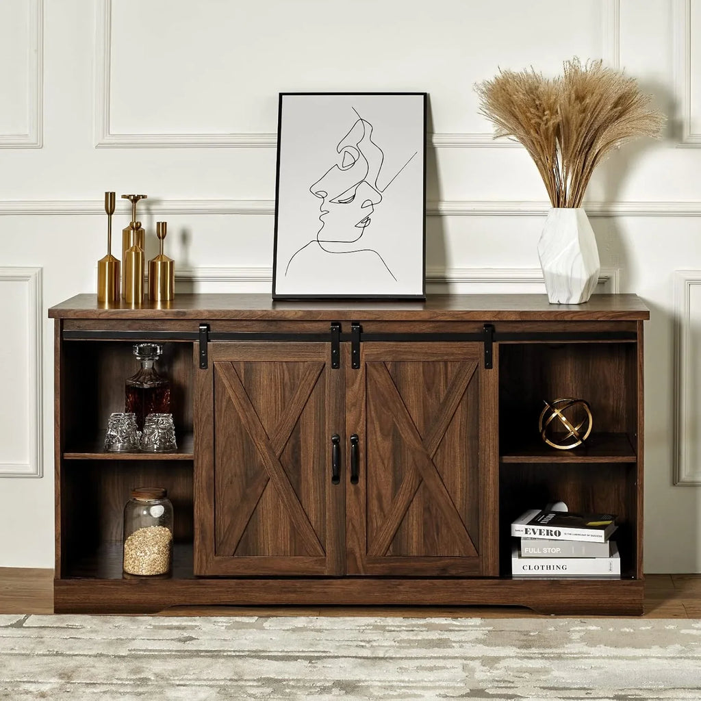 Meuble TV avec cheminée AMERLIFE et portes coulissantes style grange, compatible avec les téléviseurs jusqu'à 73 pouces, centre de divertissement avec cheminée de style ferme