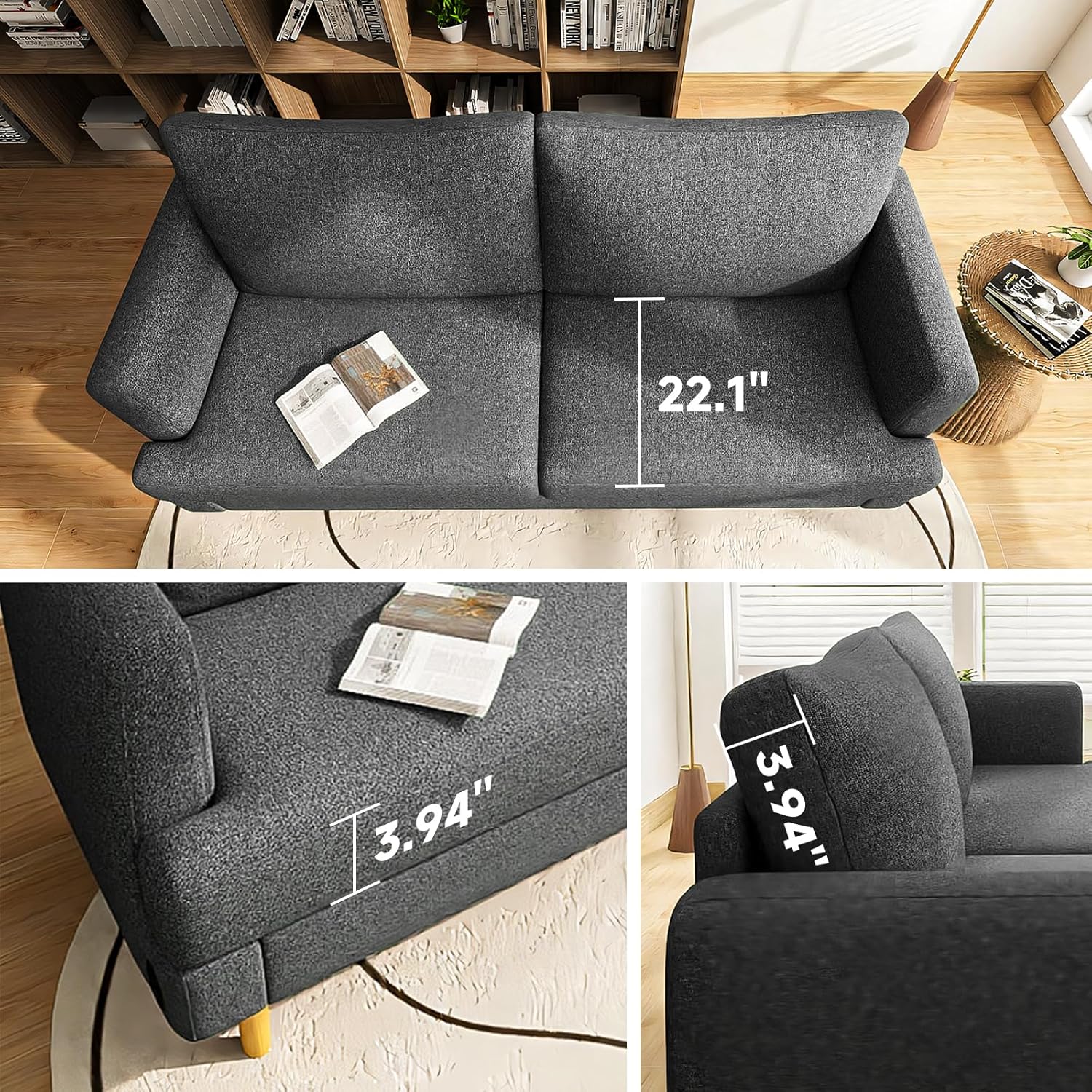 Canapé causeuse de salon avec port USB Type-C - Petit canapé rembourré gris foncé de 70 po