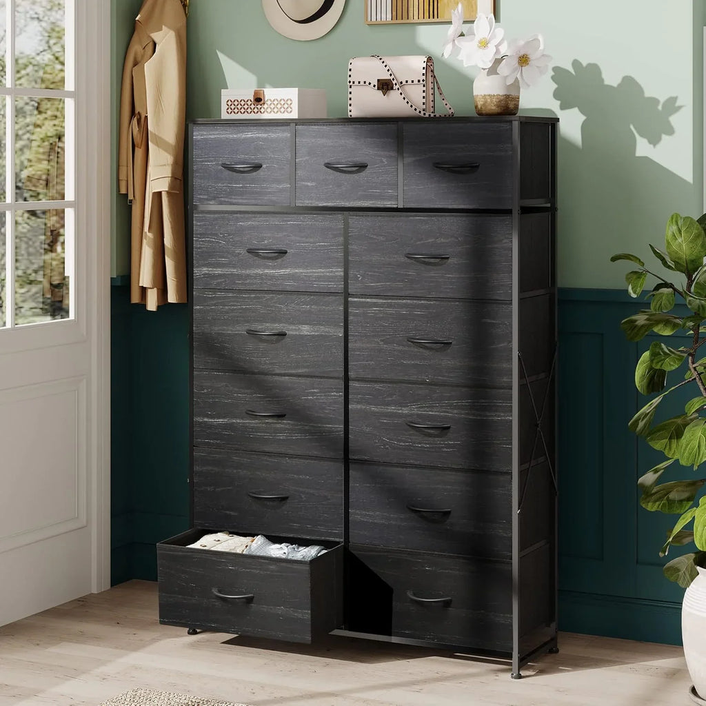 Meuble de rangement WLIVE avec 13 bacs en tissu, tiroirs de rangement avec cadre en acier, grande tour de rangement pour salon, couloir, bureau, noir anthracite