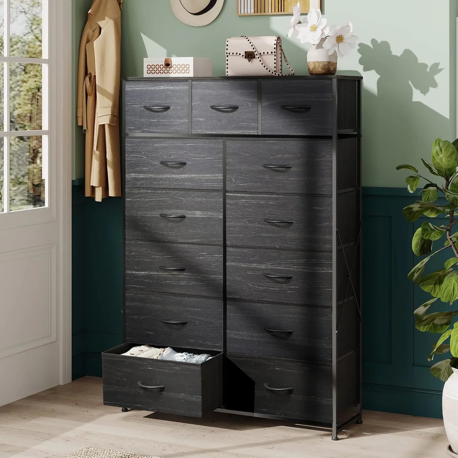 Meuble de rangement WLIVE avec 13 bacs en tissu, tiroirs de rangement avec cadre en acier, grande tour de rangement pour salon, couloir, bureau, noir anthracite