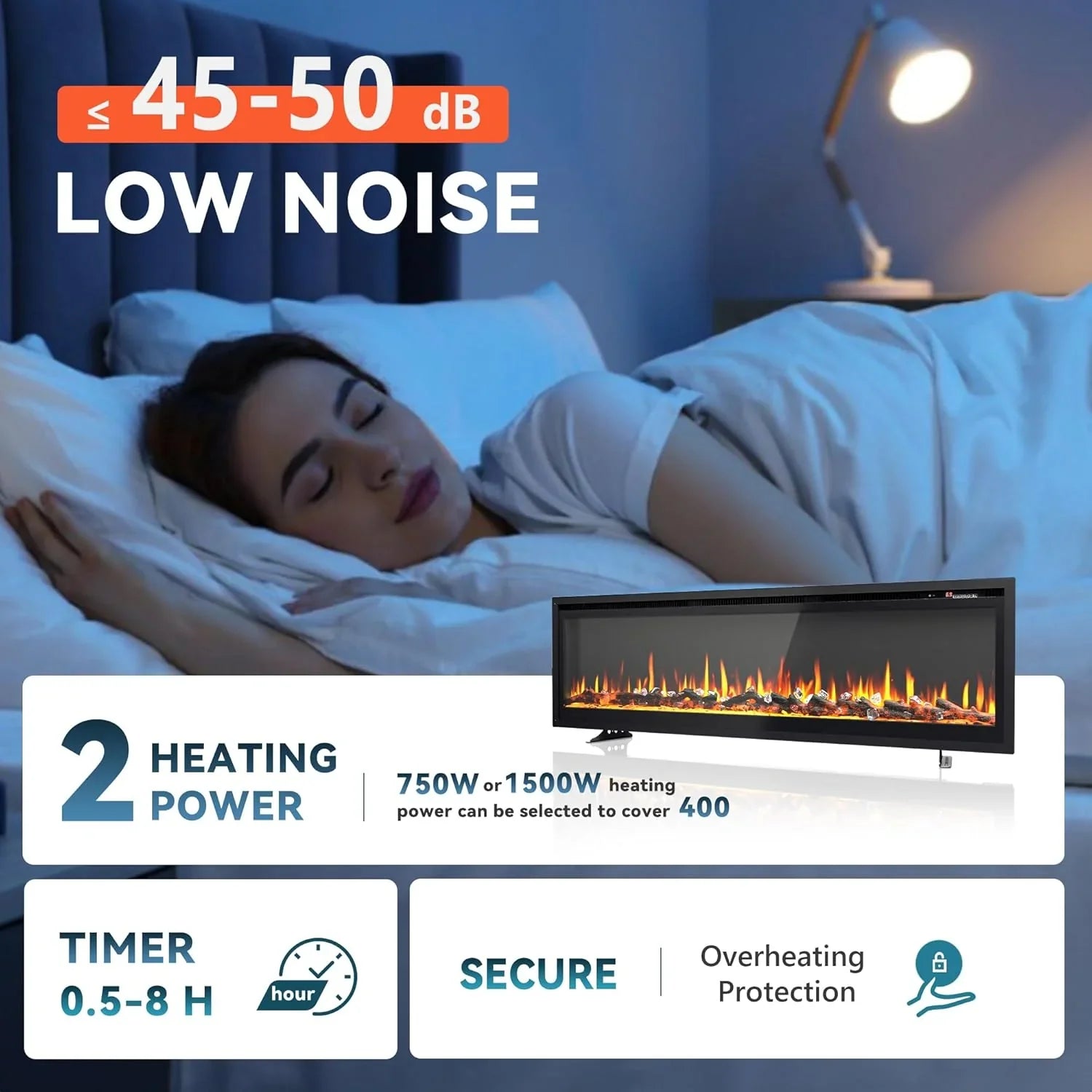 EUHOMY Cheminée électrique encastrée et murale de 50 pouces avec couleur de flamme réglable, chauffage de cheminée avec télécommande, cheminée linéaire avec minuterie, écran tactile, bûche et cristal, 750/1500 W