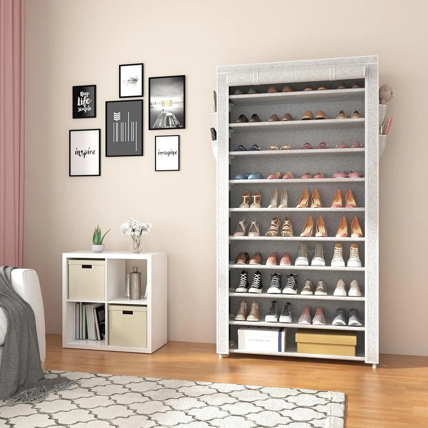 Étagère à chaussures couverte ROJASOP à 10 niveaux, grande capacité, étagère à chaussures autoportante en métal
