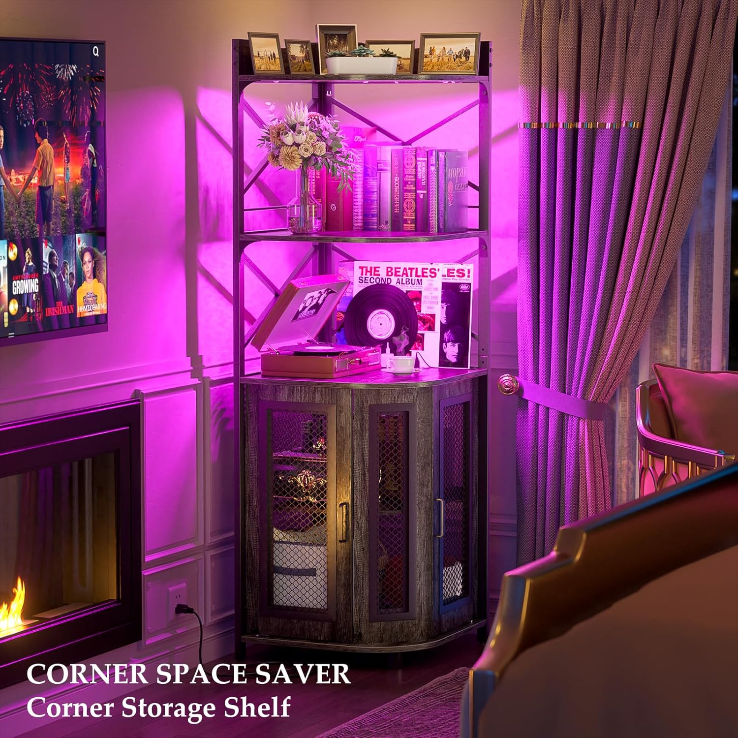 Meuble bar d'angle avec prise de courant, armoire à vin de style industriel avec bande lumineuse LED et support à verres, meuble bar à vin à cinq niveaux pour la maison, vitrine d'angle pour petit espace