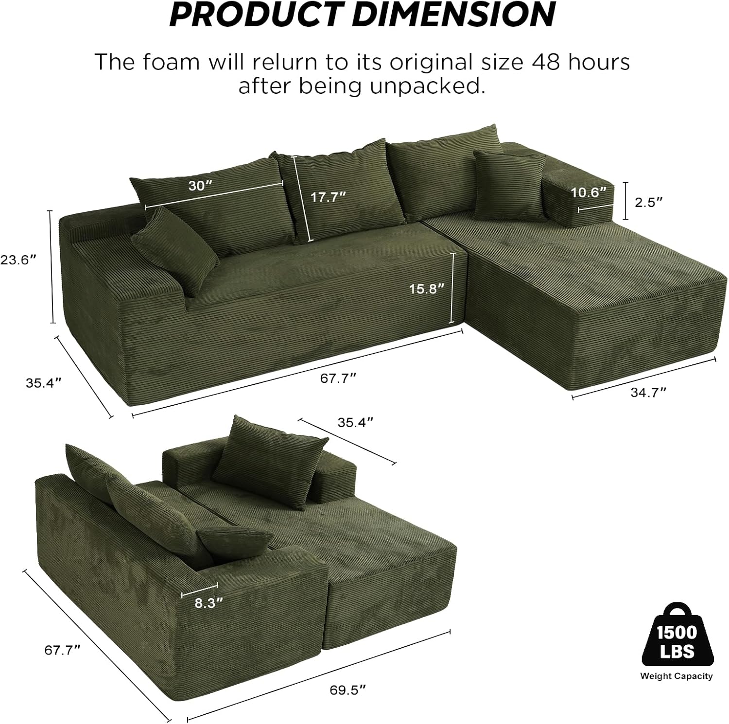 Cloud sofa with L-shaped lounge chair, modern modular sofa with deep seats