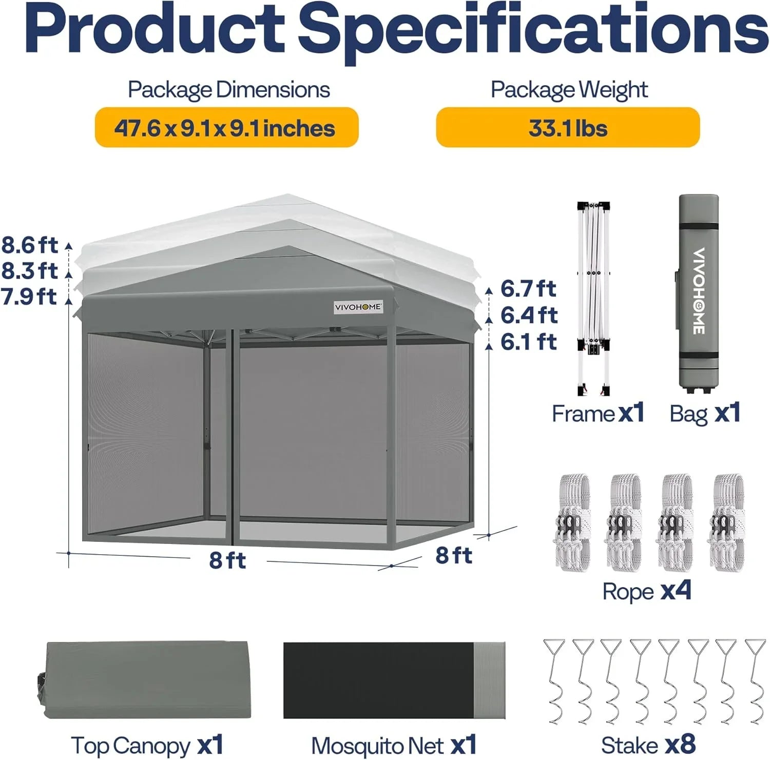 Auvent escamotable facile à monter de 10 x 10 pieds, tente moustiquaire d'extérieur avec moustiquaire, 2 portes à glissière et sac à roulettes