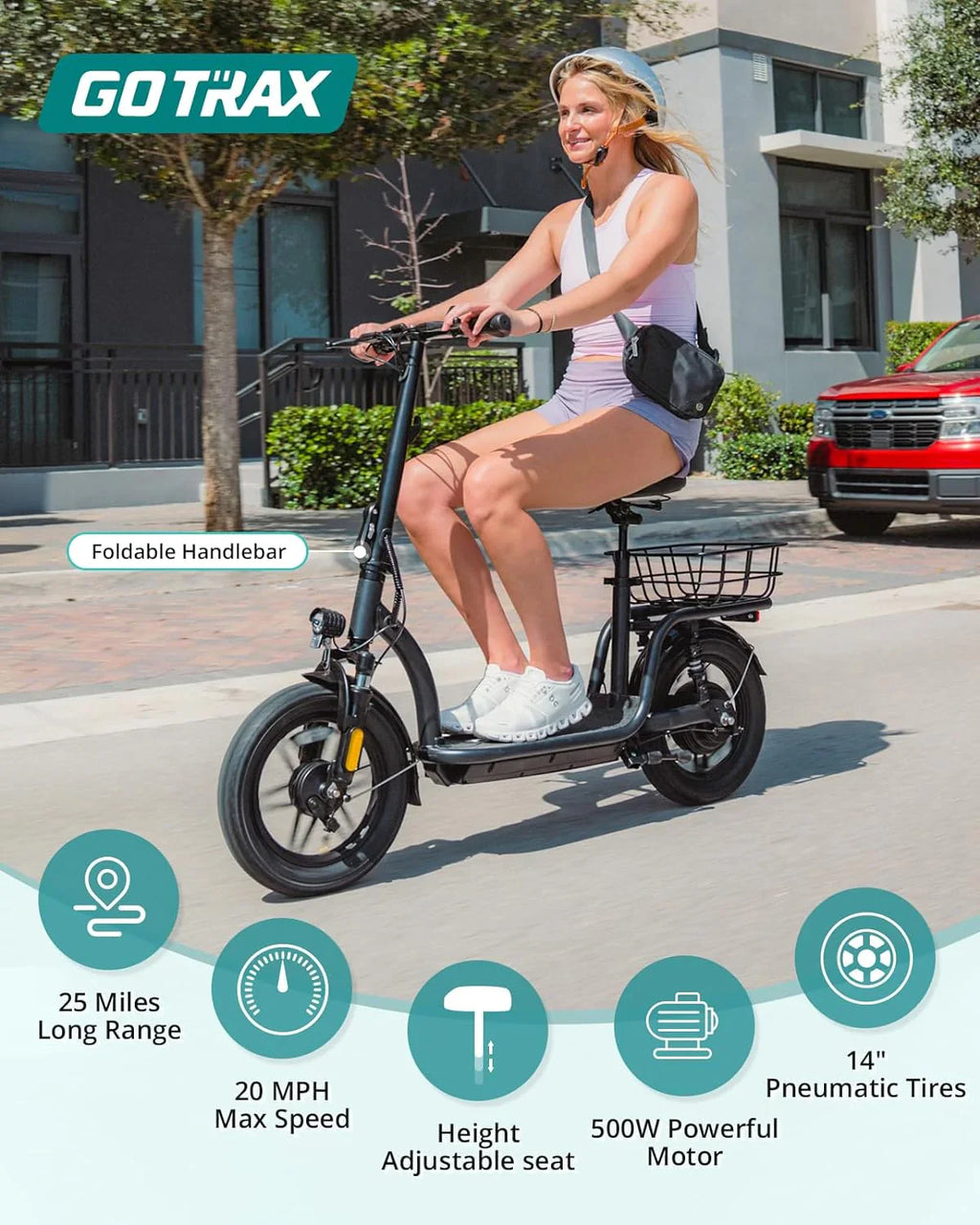Trottinette électrique adulte Gotrax avec siège, autonomie maximale de 19 à 25 miles, pneus tout-terrain, pédales larges, siège rembourré et nacelle