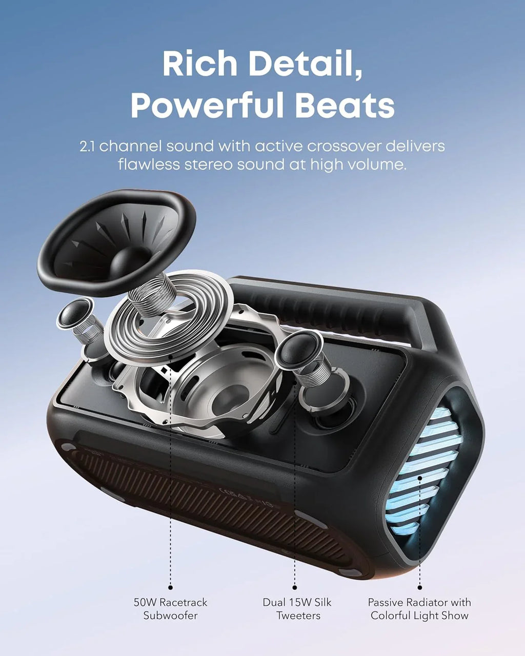 Enceinte d'extérieur, 80 W, caisson de basses, BassUp 2.0, autonomie de 24 heures, étanchéité IPX7, flotte, lumières RVB, USB-C