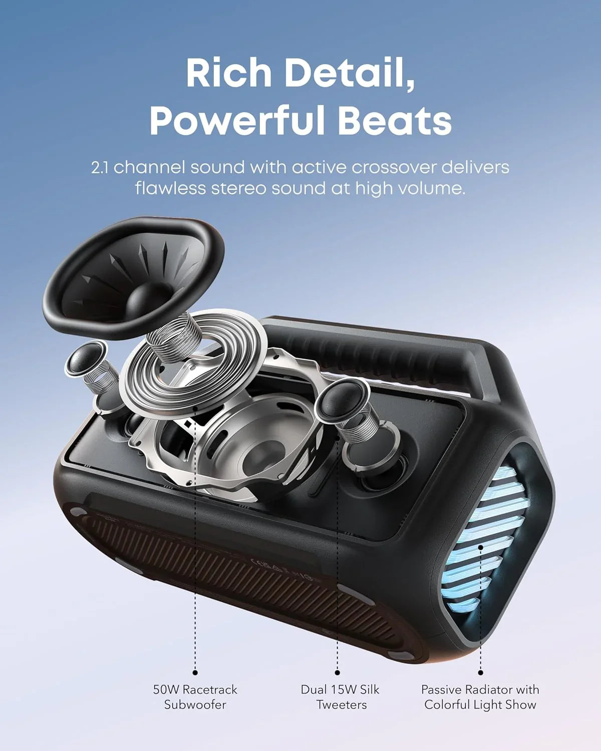 Enceinte d'extérieur, 80 W, caisson de basses, BassUp 2.0, autonomie de 24 heures, étanchéité IPX7, flotte, lumières RVB, USB-C