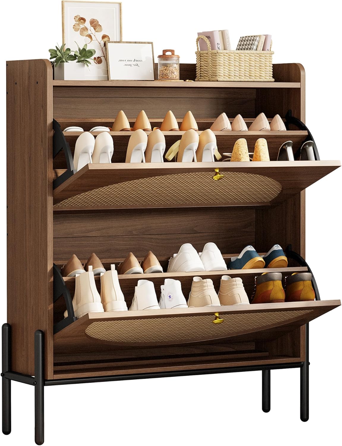 Meuble à chaussures IRONCK avec 2 tiroirs rabattables, meuble de rangement à chaussures indépendant en bois