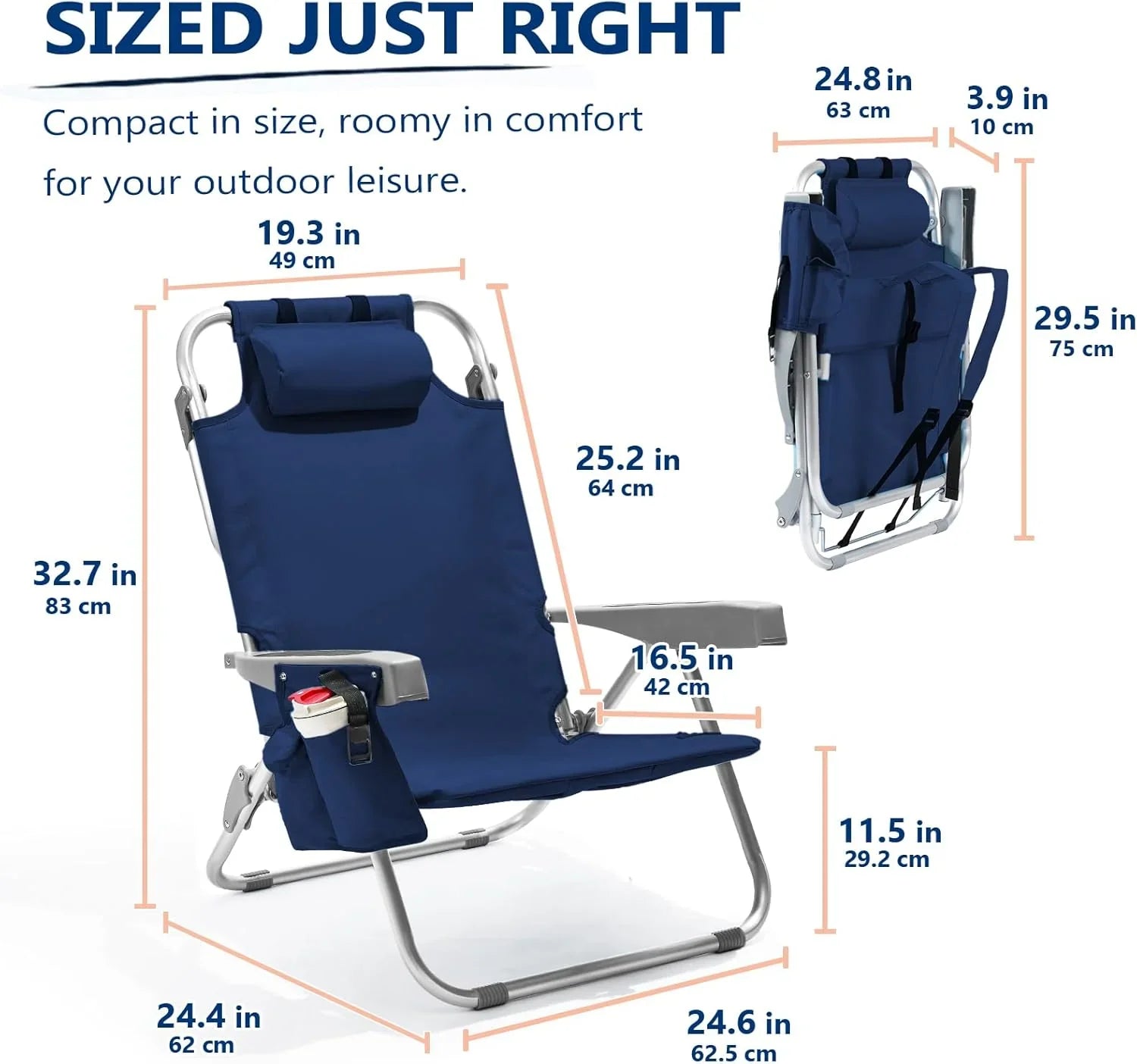 Lot de 2 chaises de plage compactes et portables pour adultes, en aluminium, 5 positions, avec pochette isotherme