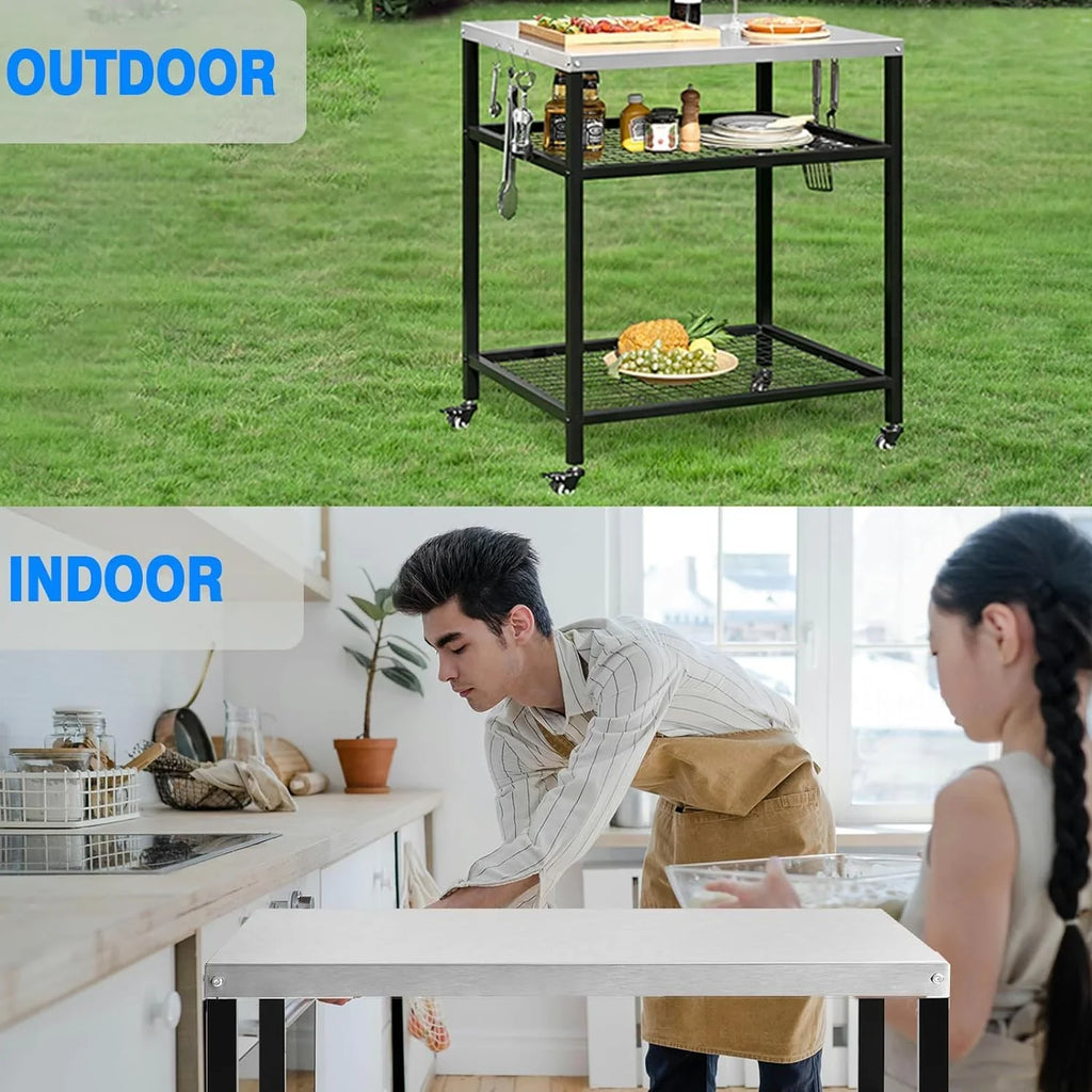 Chariot de barbecue d'extérieur en acier inoxydable, support de four à pizza, table roulante, chariot de barbecue robuste