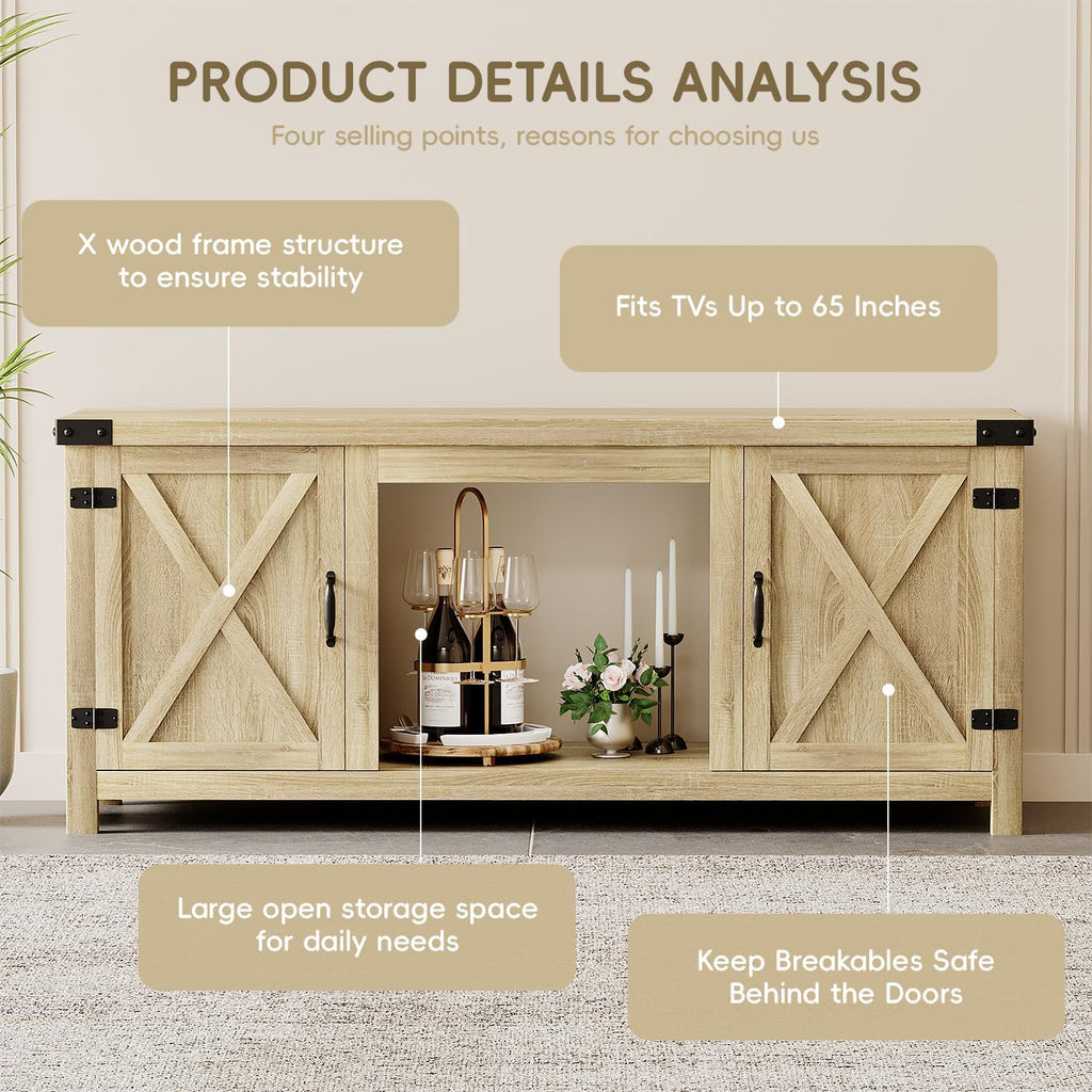 YESHOMY Meuble TV avec cheminée et deux portes de grange, armoires de rangement pour téléviseurs jusqu'à 65 pouces et plus, console de divertissement, meuble multimédia pour salon, 58 pouces