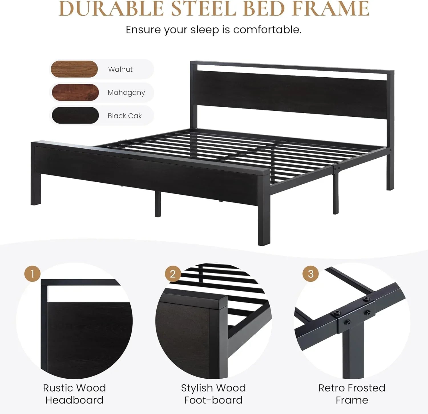 Cadre de lit plateforme en métal Sha Cerlin 14 pouces, antidérapant et silencieux, acajou