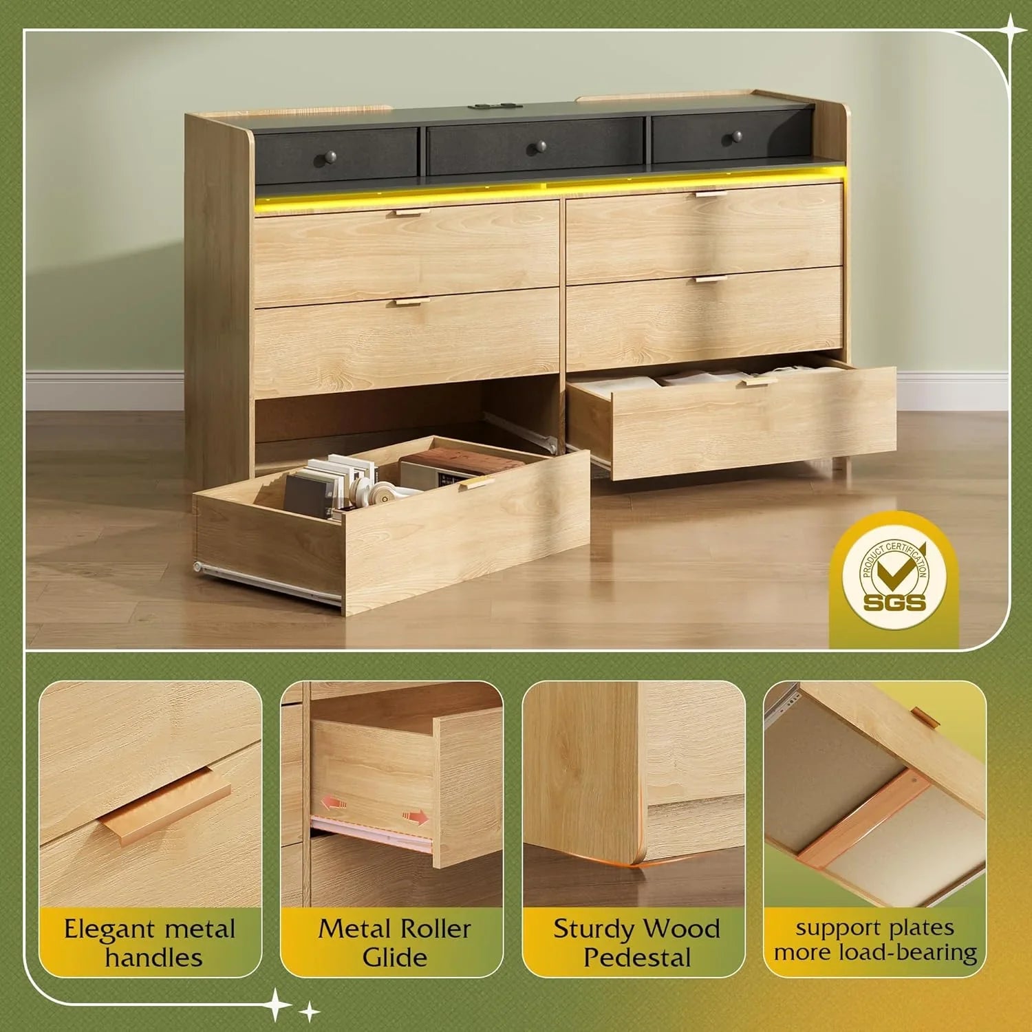 Commode LED à 9 tiroirs pour chambre à coucher, 148 cm de large, organiseur de rangement en bois avec prise électrique