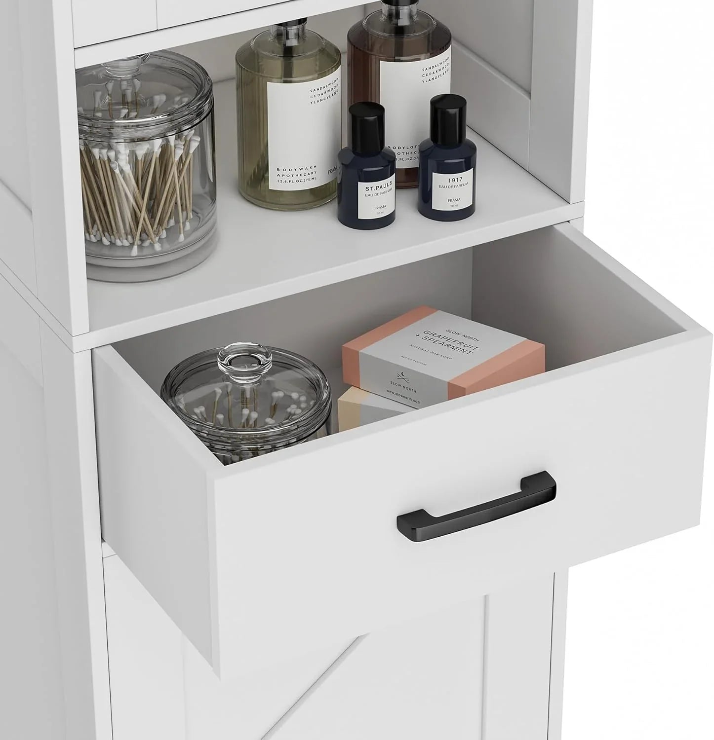 Meuble de rangement de salle de bain Homhedy de 67 po de hauteur avec 2 portes de grange et 1 tiroir