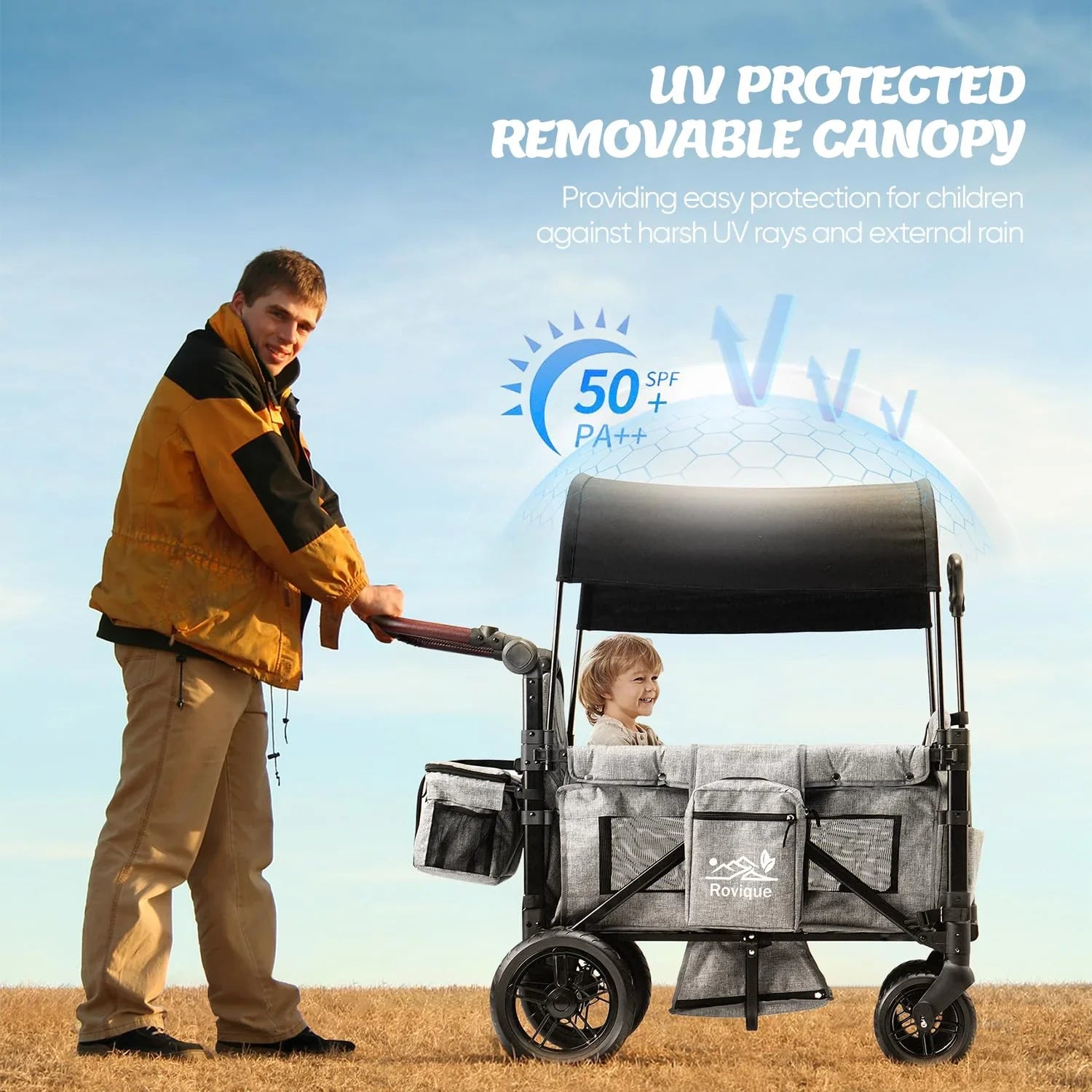 Poussette Wagon pour 2 enfants, poussette premium pour enfants avec auvent amovible, plateau à goûter et couffin convertible