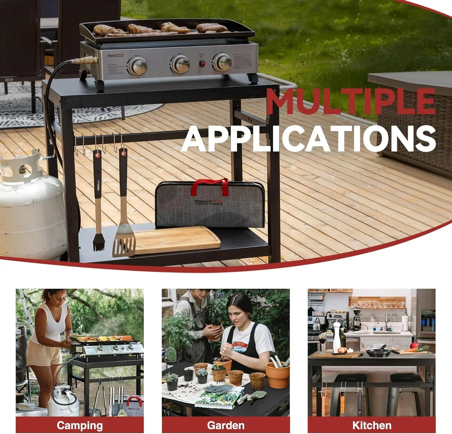 Table à manger Royal Gourmet avec double étagères, chariot de barbecue mobile en acier inoxydable, crochets et poignées latérales