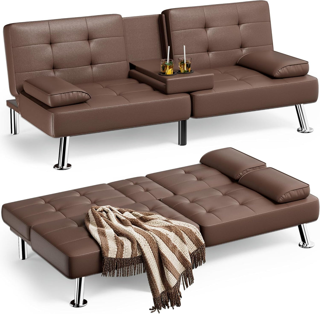 Canapé-lit futon Homall, canapé-lit futon en cuir avec accoudoirs amovibles, canapé-lit inclinable réglable avec deux porte-gobelets pour salon et appartement