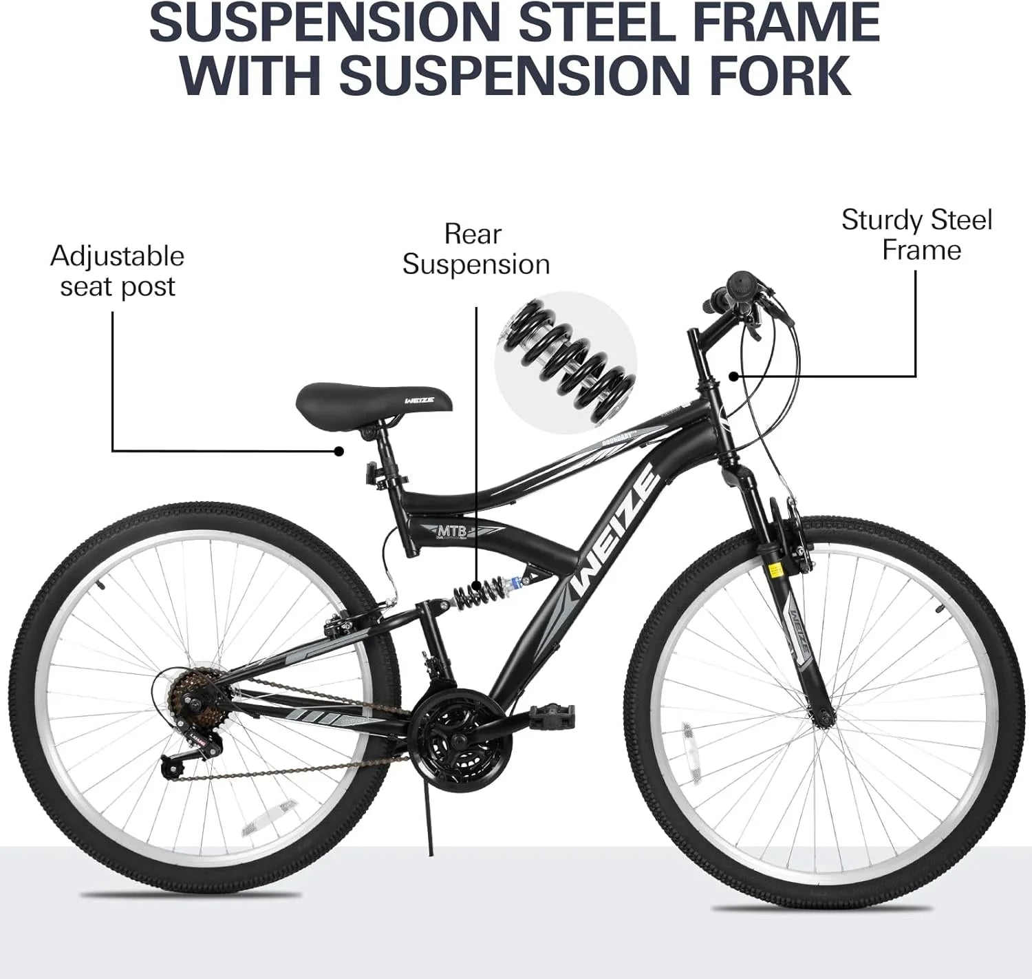 Vélo de montagne WEIZE, vélo hybride d'extérieur 26-27,5 pouces, 18 vitesses/acier à haute teneur en carbone/double suspension complète
