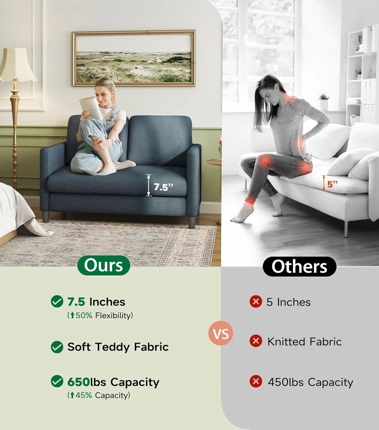 Causeuse de 51 pouces, causeuse confortable en velours côtelé