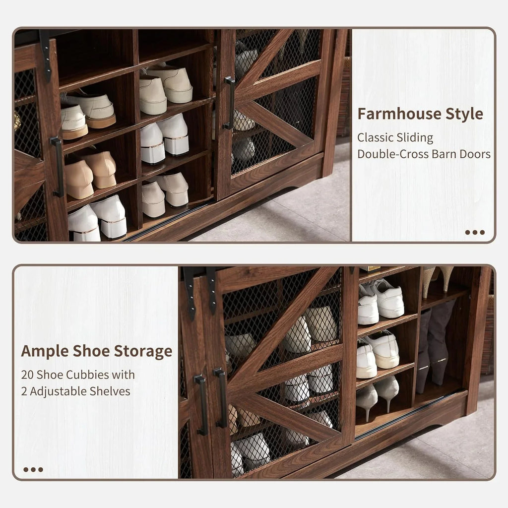 JXQTLINGMU Arbre de foyer de ferme de 59 pouces avec rangement pour chaussures, banc d'entrée, porte-manteau, armoire