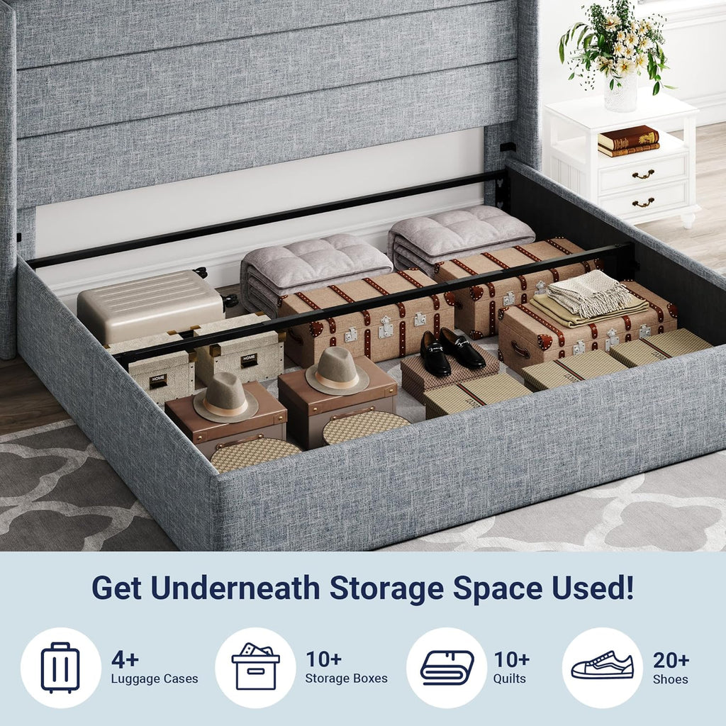 Lit queen-size relevable avec rangement Allewie, tête de lit à oreilles moderne et support hydraulique