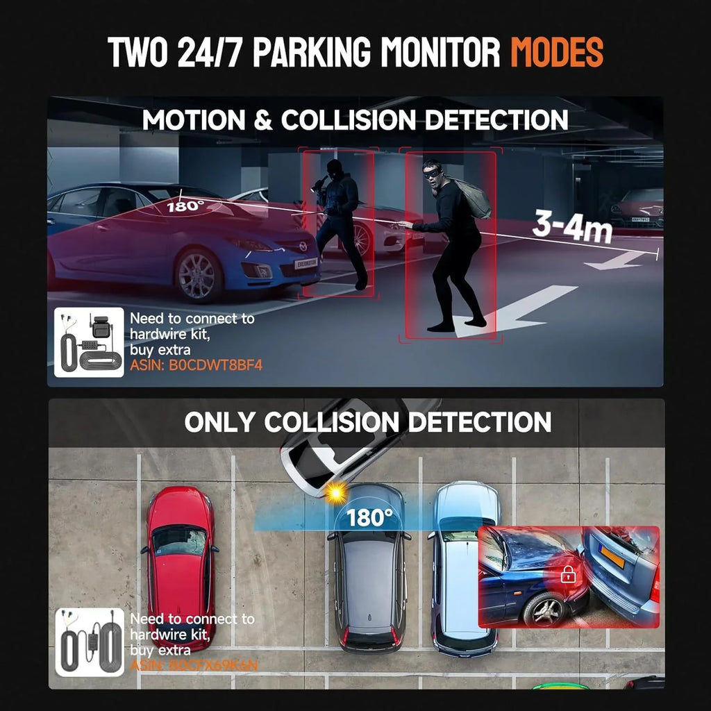 360° 4-kanaals FHD-dashcam (4 x 1080p), wifi, GPS, spraakbediening, 2K + 1080p dashcam aan de voorzijde (x2), met 64GB SD-kaart, nachtzicht, 24/7 parkeermodus 