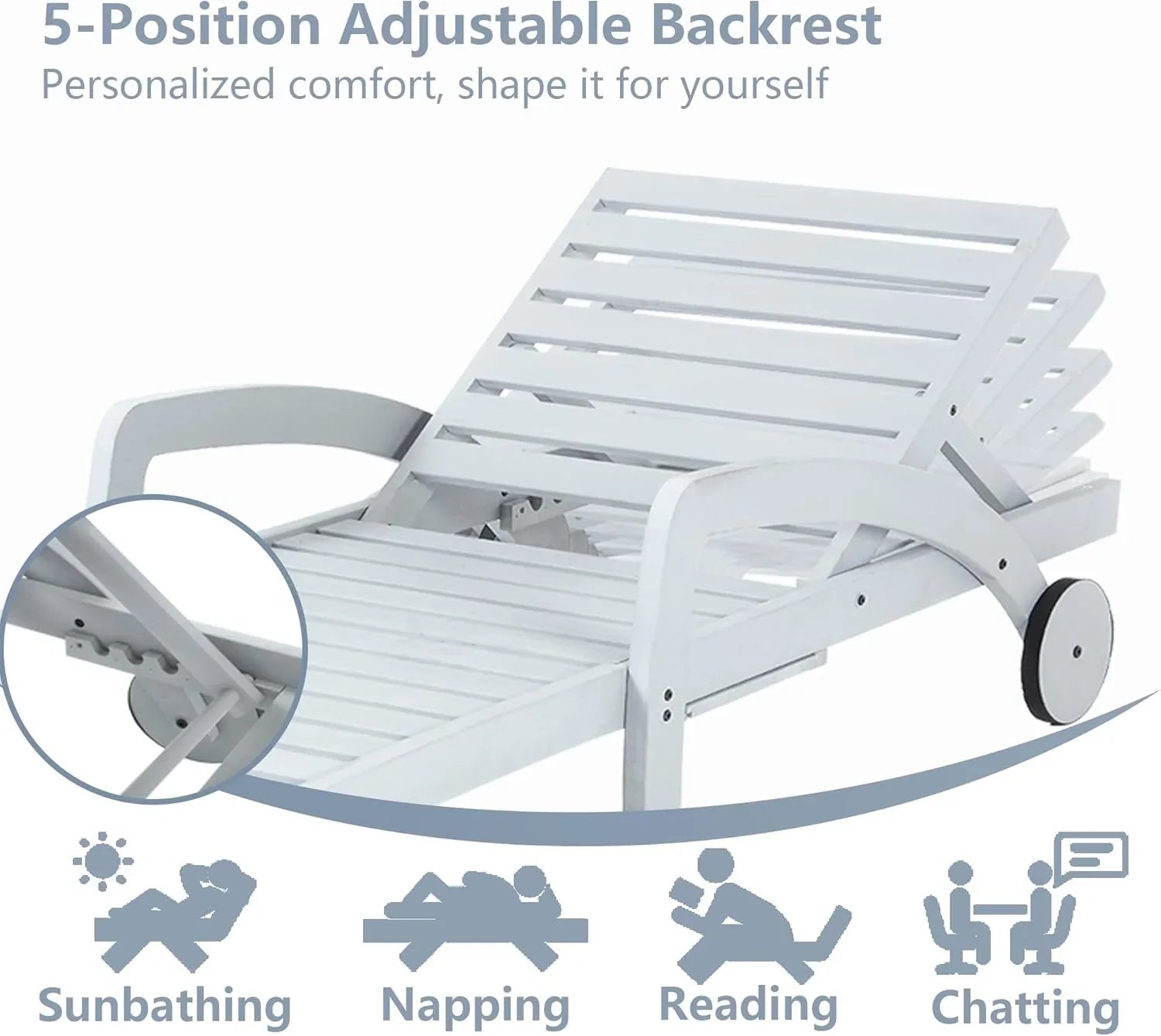 Chaise longue de piscine réglable à 5 positions Chaise longue en bois avec table d'appoint coulissante